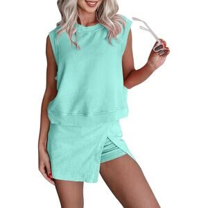 Women Cotton Sleeveless Tank Top Matching Tennis Skort 2 Piece Set Size XL